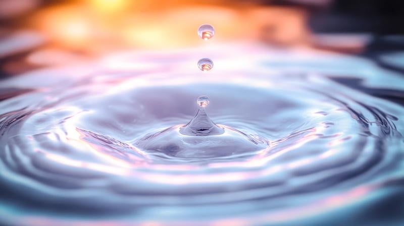 柔らかな光に包まれた水滴が水面に落ちる瞬間の写真