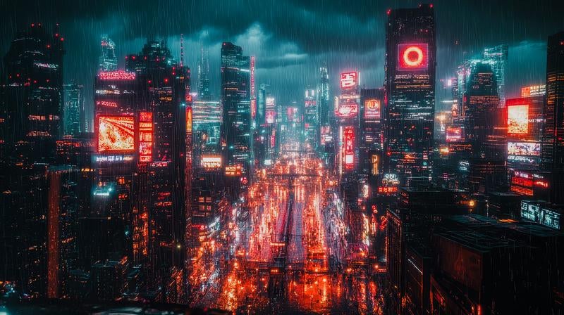 闇に浮かぶ雨のサイバーパンク都市の写真