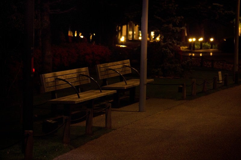 夜間のベンチの写真