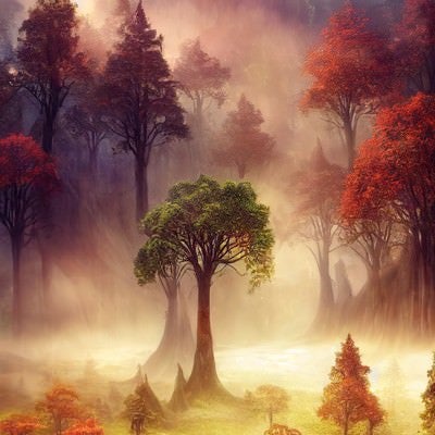 日の光が美しく差し込む朝霧の森の写真
