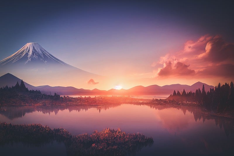 爆焼けの湖畔の写真