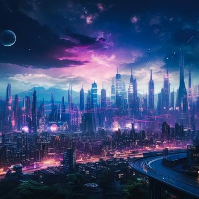 高層ビル群が立ち並ぶ未来都市の写真