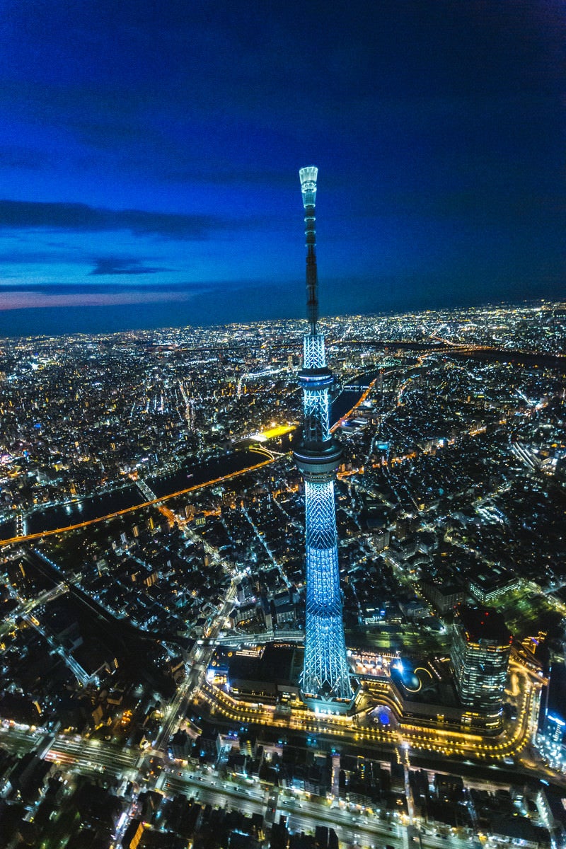 東京スカイツリーと夜景（空撮）の写真