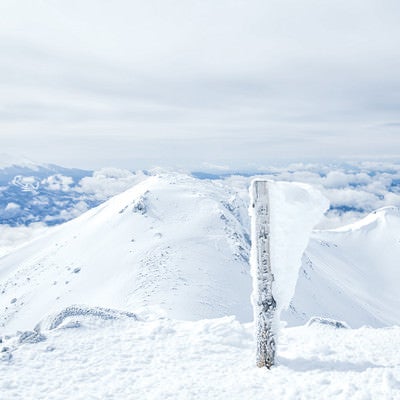 エビの尻尾が生えた山頂標（乗鞍岳剣ヶ峰）の写真