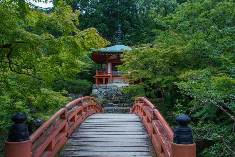 橋の向こうに見える朱塗りのお堂（醍醐寺）の写真