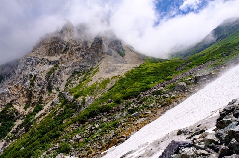大雪渓越しに見る山々の風景（白馬岳）の写真